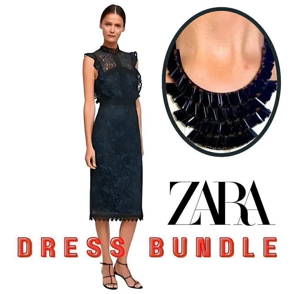 NWOT Zara Teal Dark Green Blue Guipure Lace Crochet Midi Dress + Necklace Bundle
